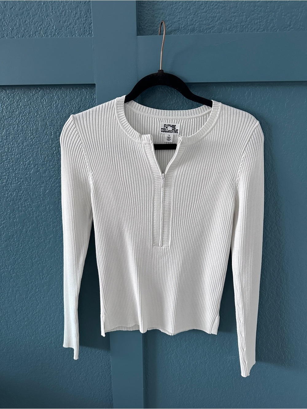 Cream Ribbed Zip-Front Long Sleeve Top